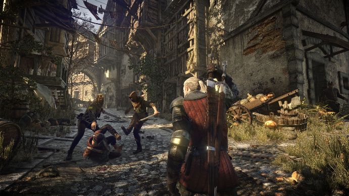 Снимок экрана игры The Witcher 3: Wild Hunt - разбойники напали на человека