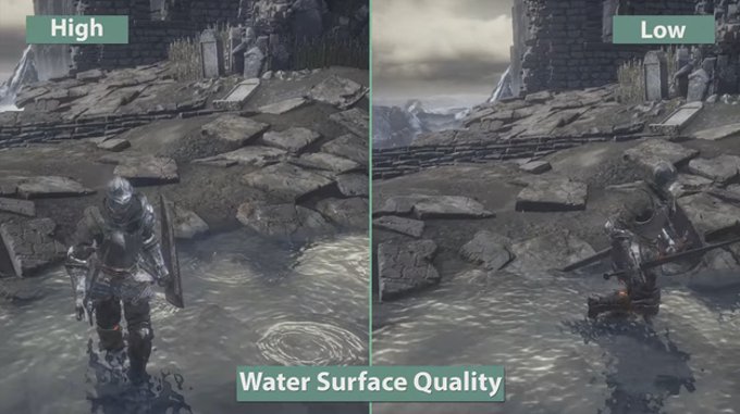 Сравнение качества поверхности воды в игре darl souls 3 при разных настройках графики